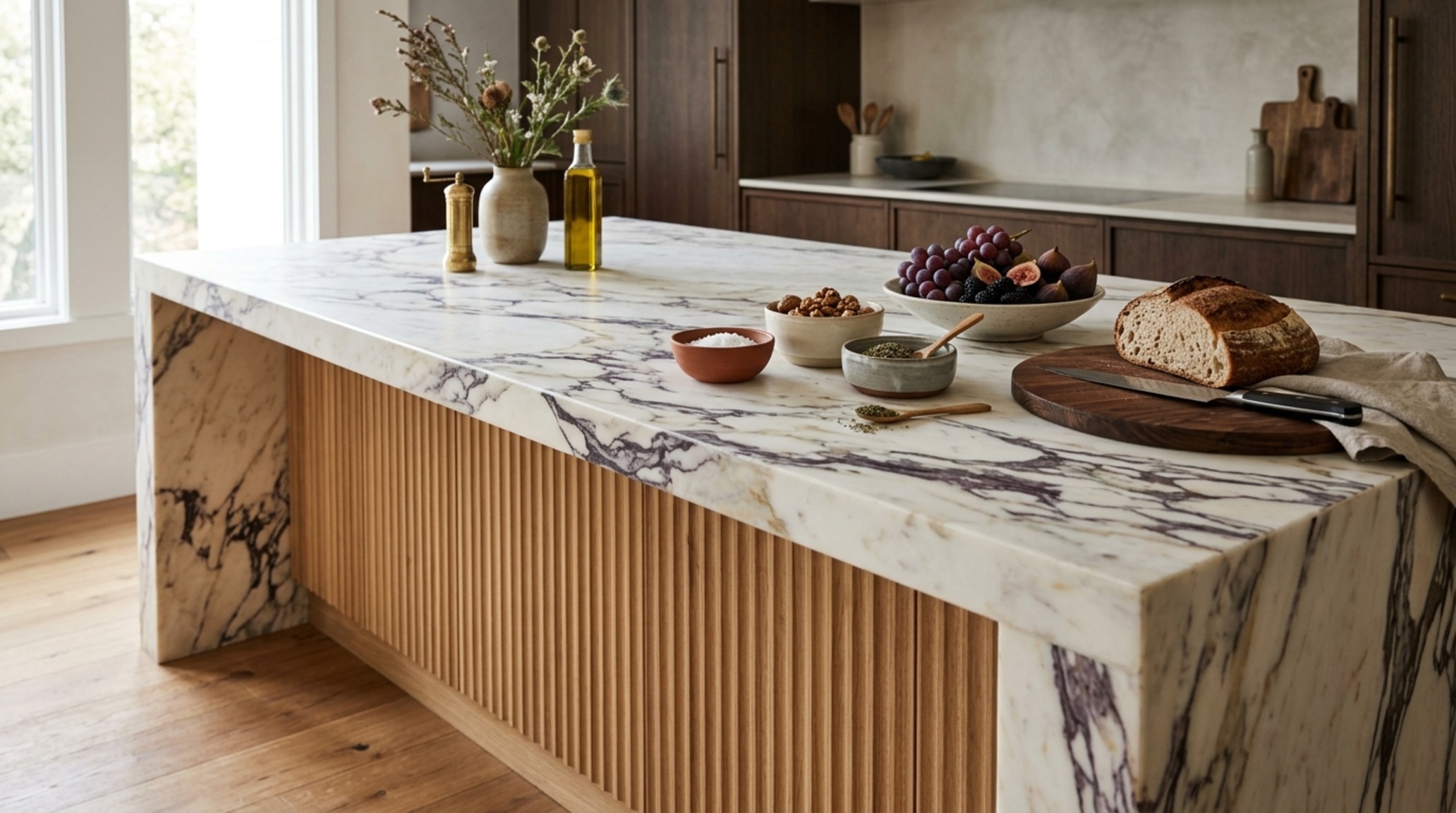 sustainable luxury materials showcased through a massive kitchen island crafted from a single slab of honed Paonazzo marble and reclaimed white oak cabinetry.