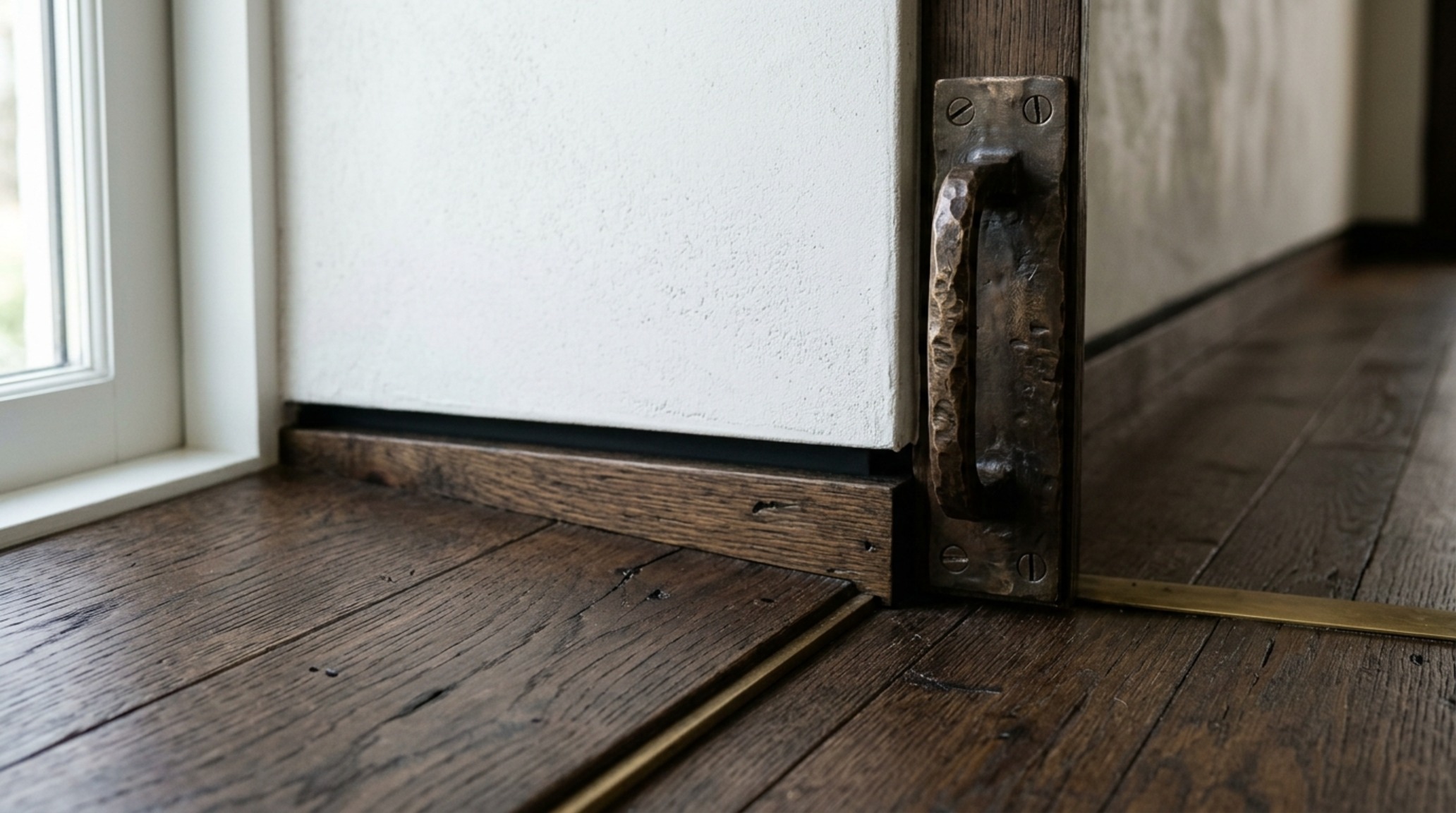 premium home construction costs reflected in the precision of shadow-gap baseboards and hand-forged bronze door hardware against a lime-washed wall.