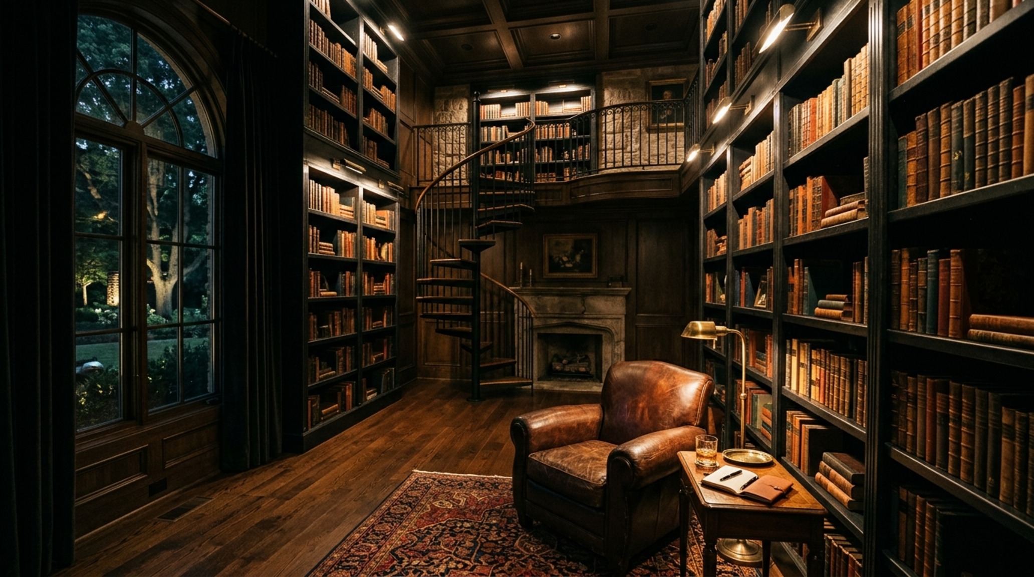 modern mansion interior ideas displaying a double-height library with floor-to-ceiling blackened steel shelving and integrated LED task lighting.