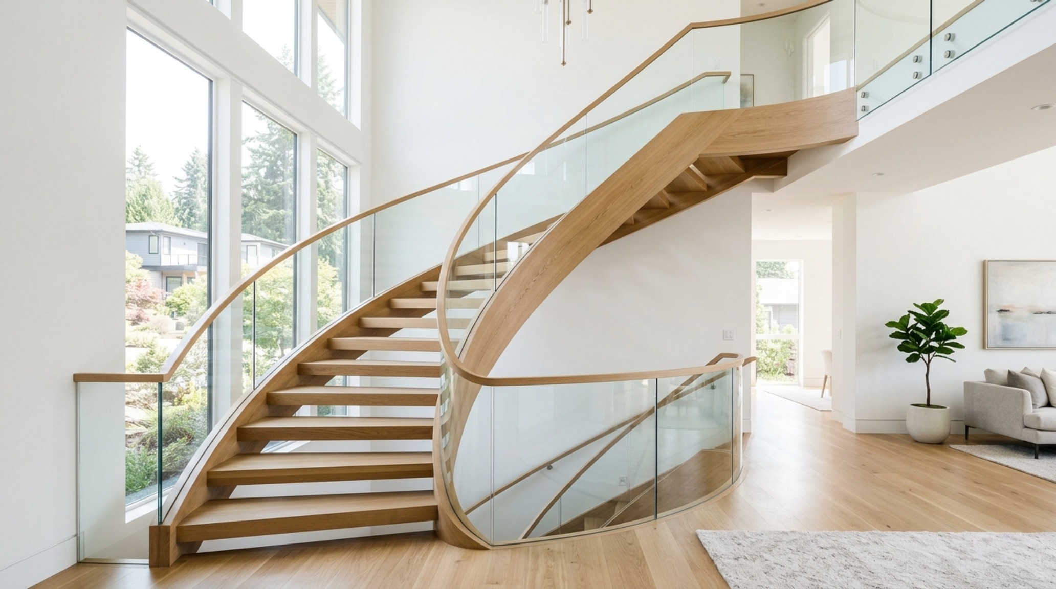 open-concept estate floor plans highlighting a sculptural floating staircase made of solid white oak and tempered glass in a bright gallery hall.