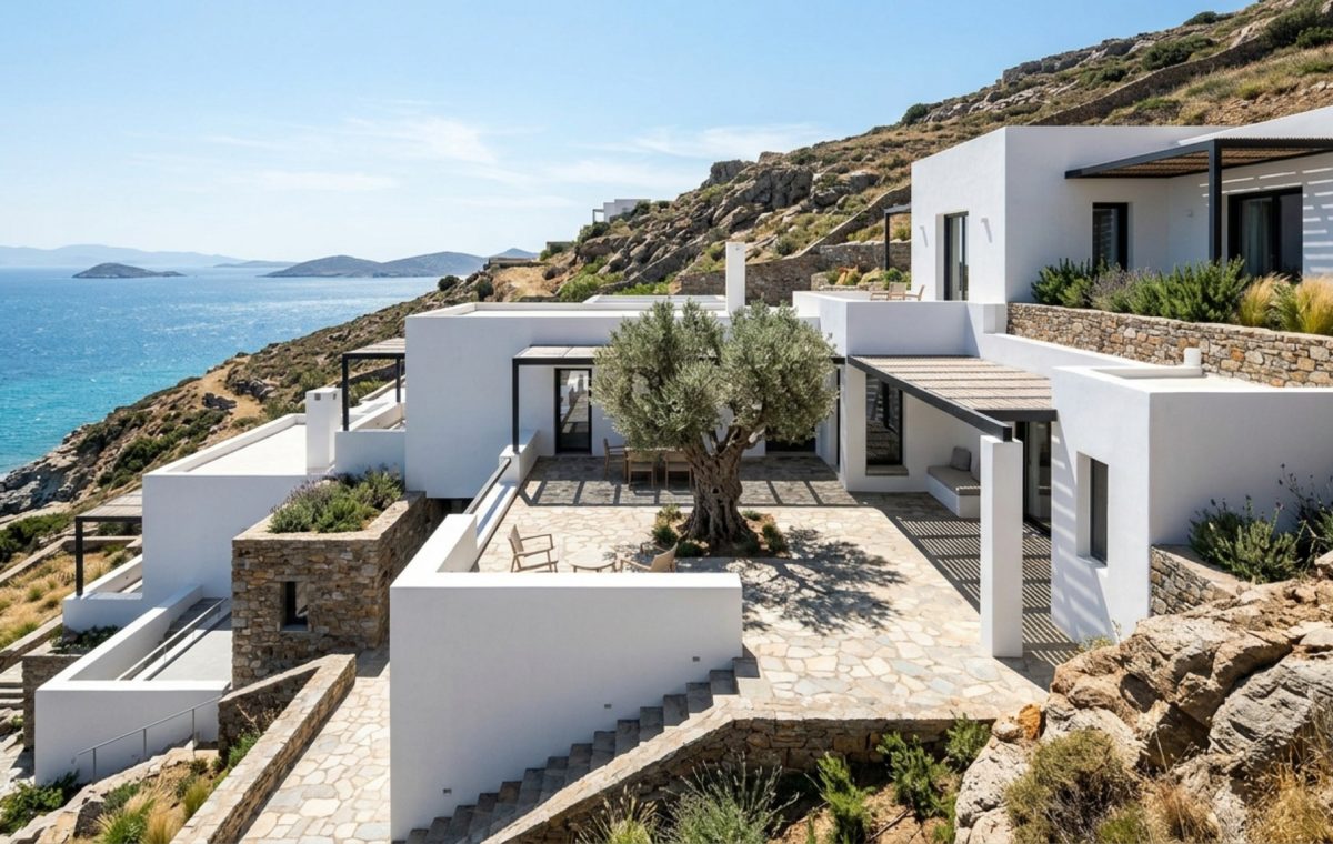 modern greek courtyard house plans featuring a series of white modular volumes connected by a central stone-paved atrium with 48-inch wide walkways and endemic Mediterranean plantings.