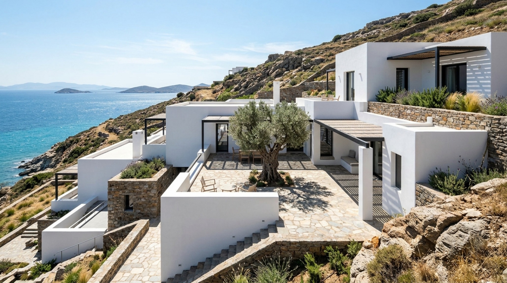 modern greek courtyard house plans featuring a series of white modular volumes connected by a central stone-paved atrium with 48-inch wide walkways and endemic Mediterranean plantings. modern greek courtyard house plans featuring a series of white modular volumes connected by a central stone-paved atrium with 48-inch wide walkways and endemic Mediterranean plantings.