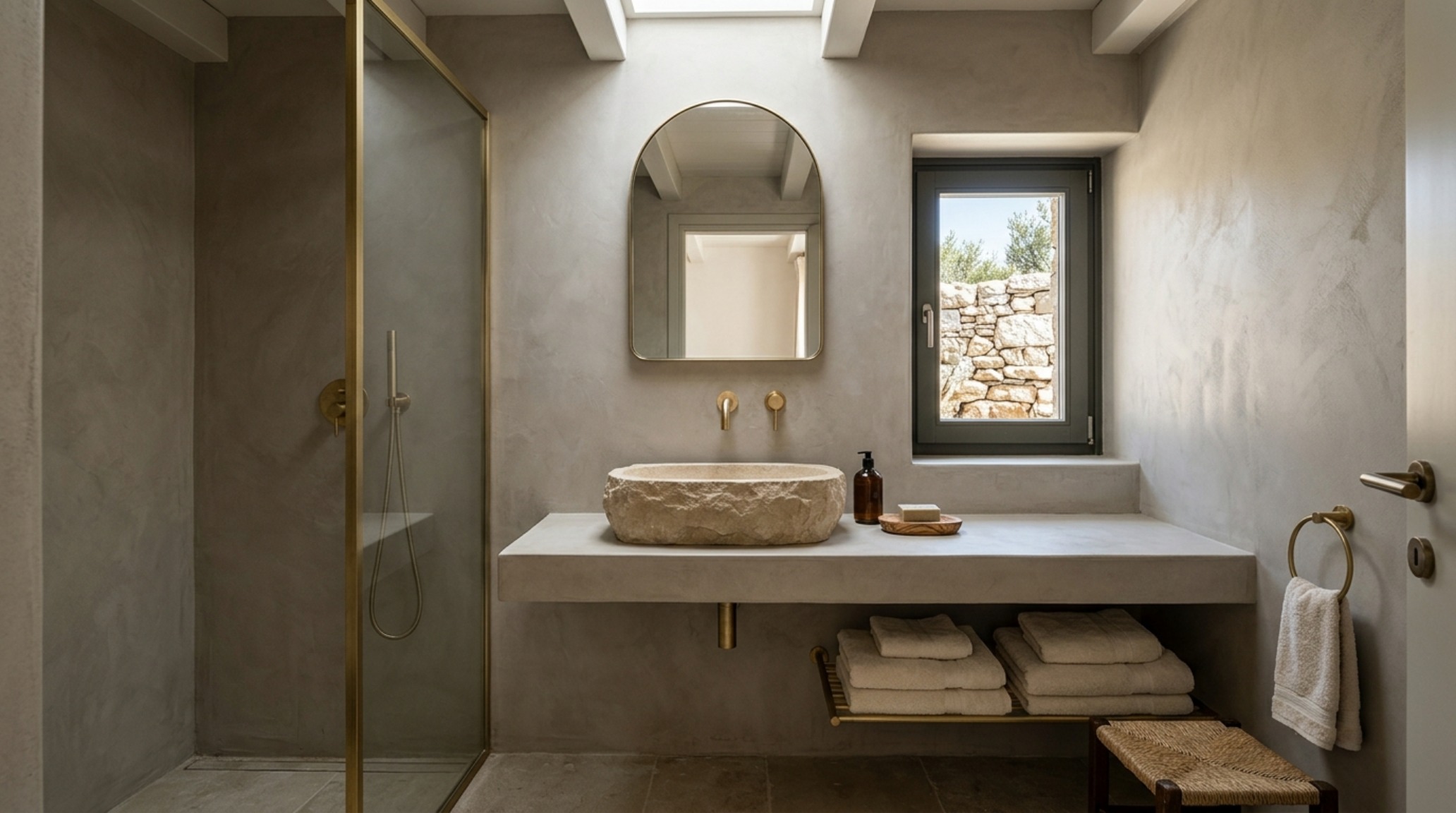 modern greek revival home styles in a bathroom setting with a floating vanity in fluted white oak and a walk-in shower finished in continuous micro-cement. modern greek revival home styles in a bathroom setting with a floating vanity in fluted white oak and a walk-in shower finished in continuous micro-cement.