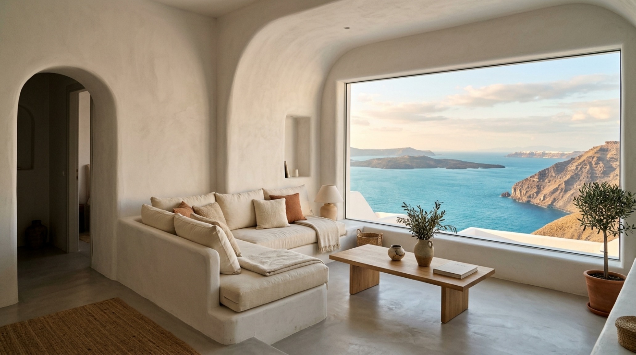 contemporary cycladic interior design in a minimalist living room with Kourasani plaster walls in Benjamin Moore Swiss Coffee and low-profile linen furniture. contemporary cycladic interior design in a minimalist living room with Kourasani plaster walls in Benjamin Moore Swiss Coffee and low-profile linen furniture.