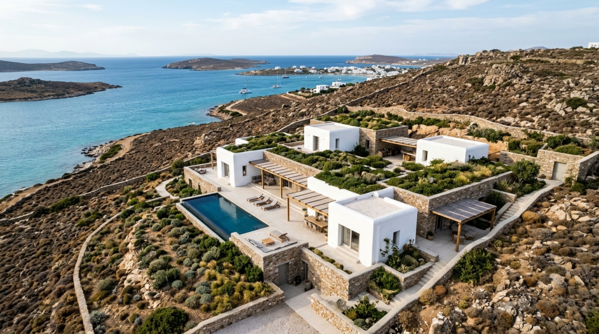 neo-mediterranean architectural trends displayed in a deconstructed villa layout that follows the rugged slope of a Cycladic hillside with partially submerged volumes. neo-mediterranean architectural trends displayed in a deconstructed villa layout that follows the rugged slope of a Cycladic hillside with partially submerged volumes.