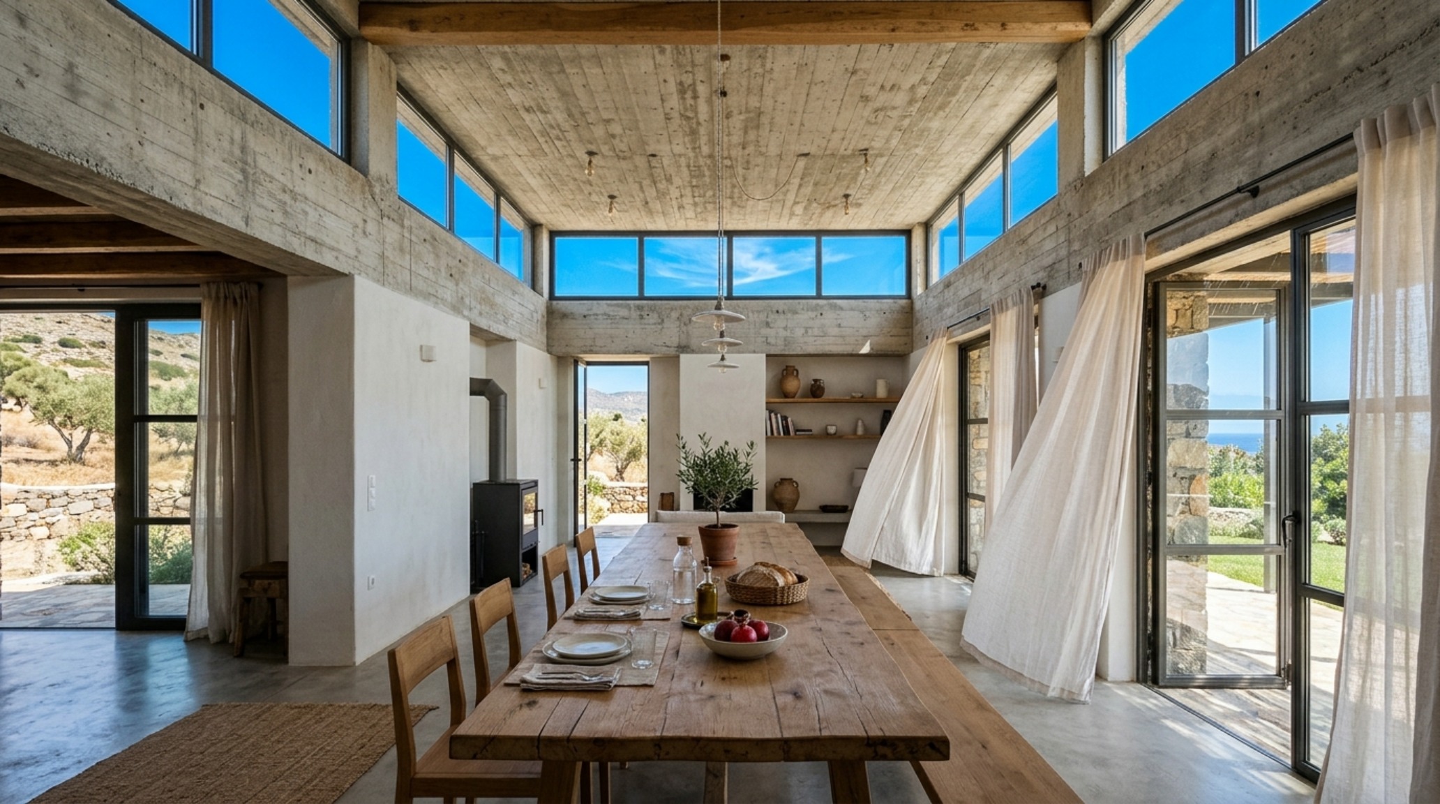 bioclimatic greek home construction highlighting a north-facing clerestory window for natural ventilation and cross-breezes within a high-ceilinged dining area. bioclimatic greek home construction highlighting a north-facing clerestory window for natural ventilation and cross-breezes within a high-ceilinged dining area.