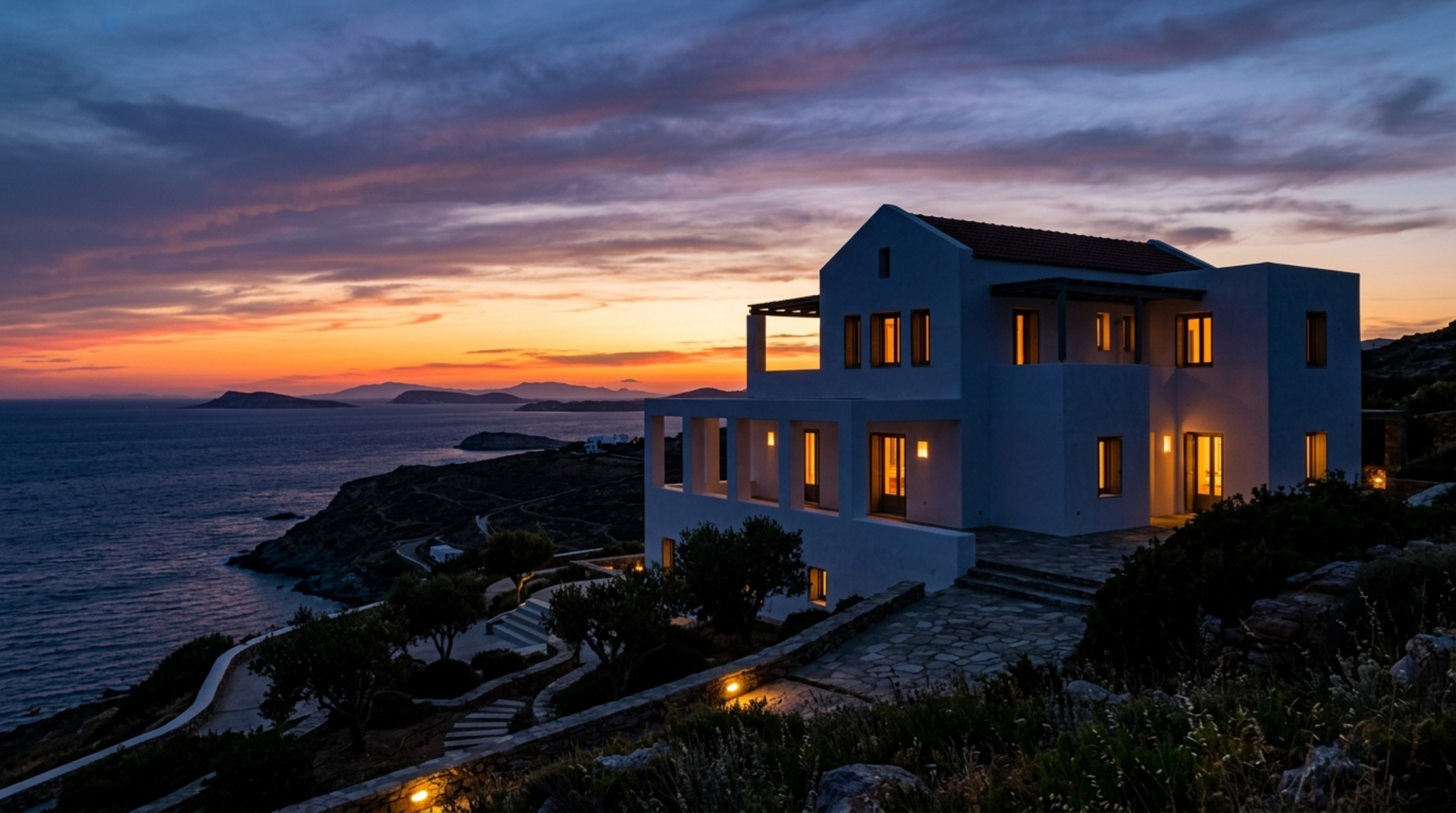 modern greek revival home styles with a focus on a sunset view through a large architectural bronze-framed pivot door overlooking the Aegean Sea. modern greek revival home styles with a focus on a sunset view through a large architectural bronze-framed pivot door overlooking the Aegean Sea.