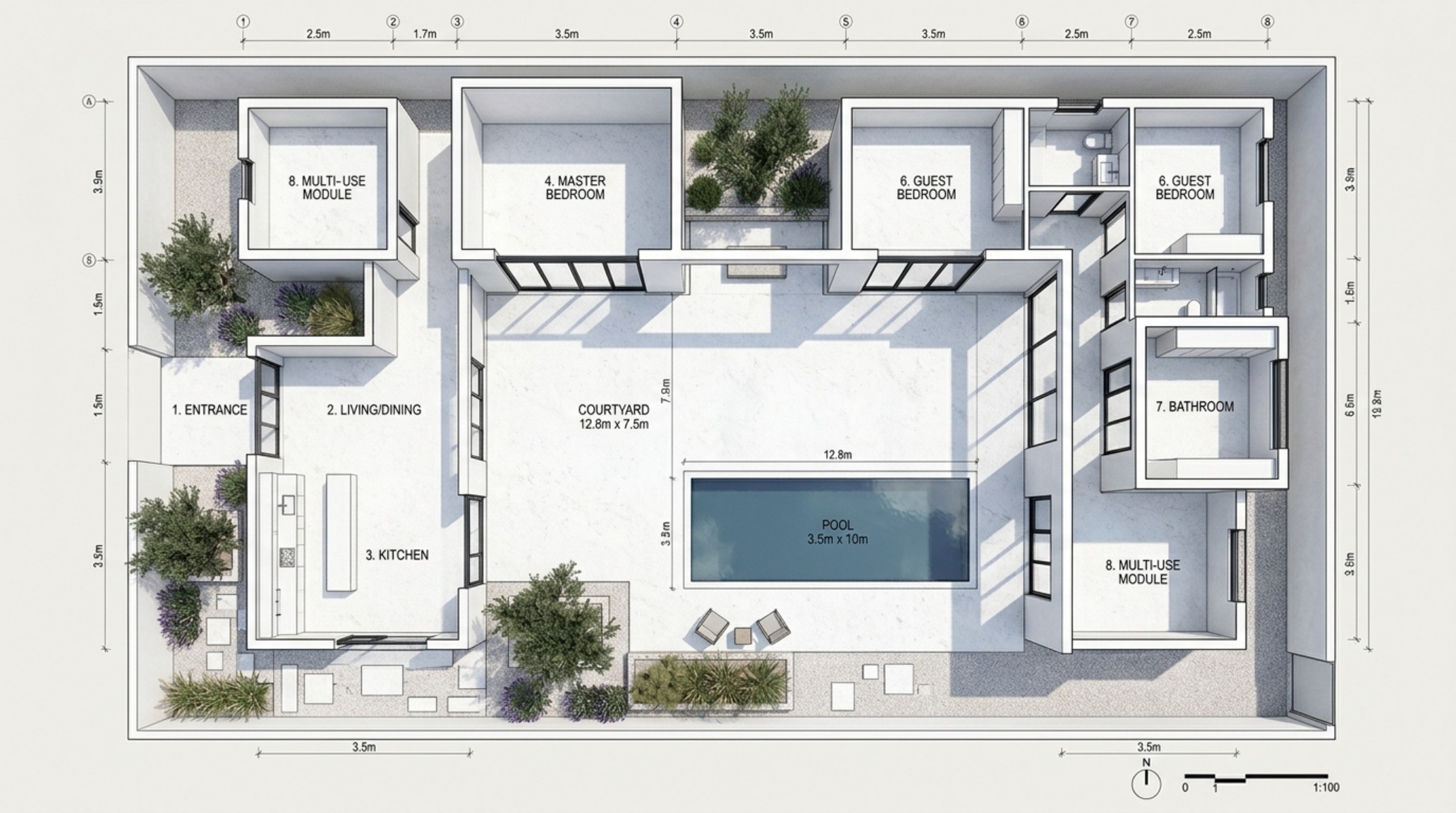 modern greek courtyard house plans illustrating the Socratic principle of south-facing solar collection and a central olive tree as a focal point for the residence. modern greek courtyard house plans illustrating the Socratic principle of south-facing solar collection and a central olive tree as a focal point for the residence.