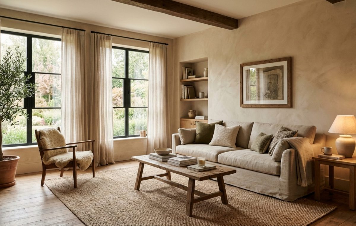A sophisticated living room featuring neutral paint colors designer favorites decor ideas like warm limewash walls and a cream linen sofa under 2700K ambient lighting.