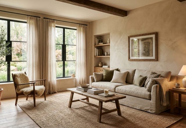 A sophisticated living room featuring neutral paint colors designer favorites decor ideas like warm limewash walls and a cream linen sofa under 2700K ambient lighting.