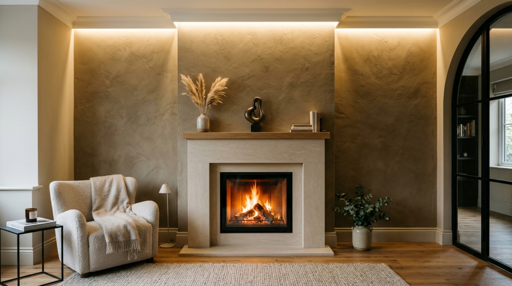 Limewash neutral paint ideas for living rooms shown on a feature wall with an integrated stone fireplace and minimalist architectural lighting. Limewash neutral paint ideas for living rooms shown on a feature wall with an integrated stone fireplace and minimalist architectural lighting.