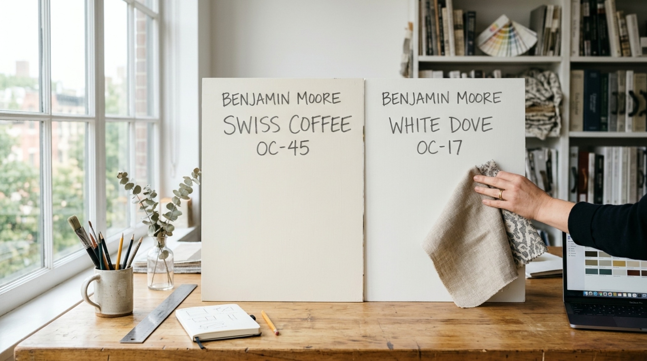 A comparison of Benjamin Moore Swiss Coffee vs White Dove on a large scale sample board used by interior designers for spatial planning. A comparison of Benjamin Moore Swiss Coffee vs White Dove on a large scale sample board used by interior designers for spatial planning.