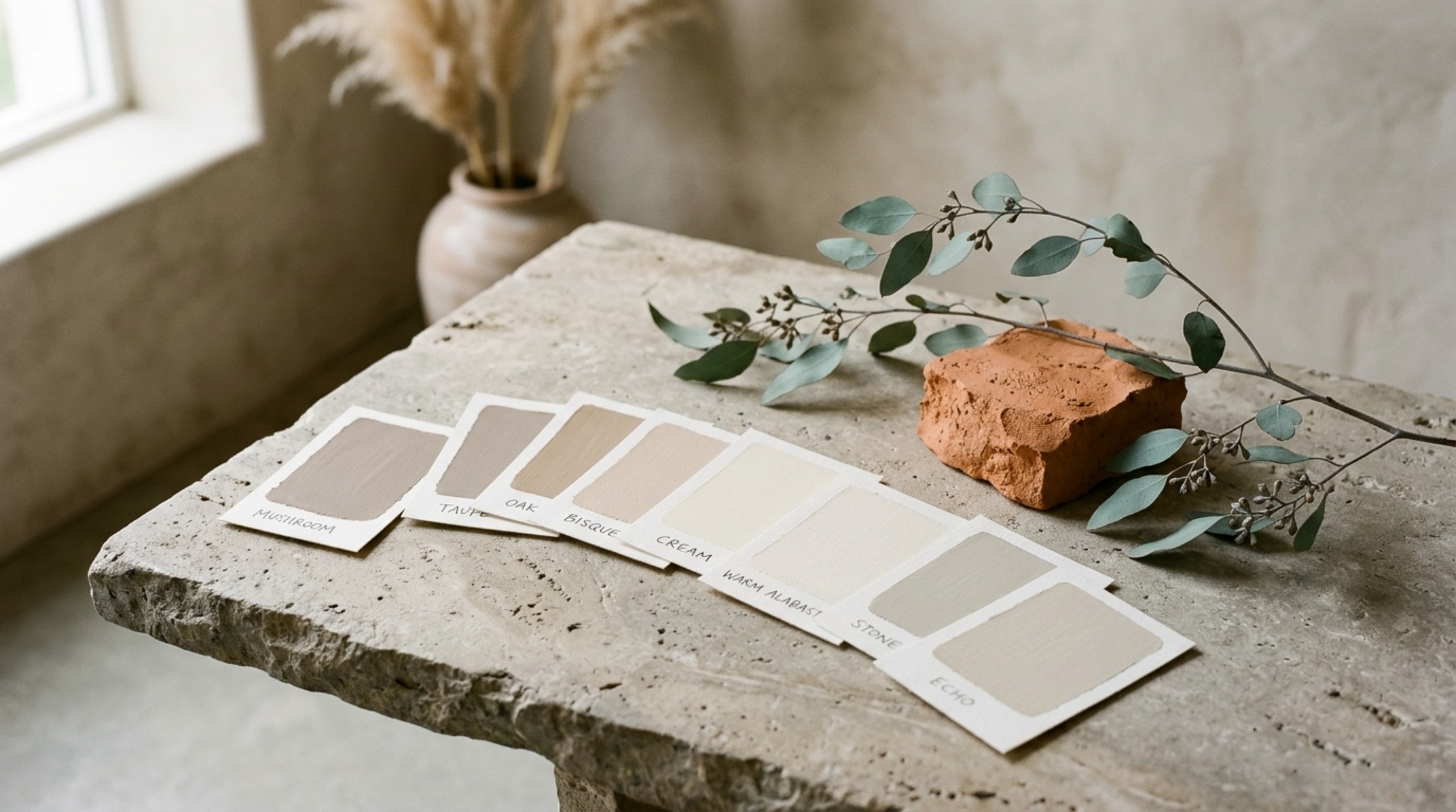 Modern organic neutral paint swatches 2024 displayed next to textured wool fabrics and natural clay pottery in a bright designer studio. Modern organic neutral paint swatches 2024 displayed next to textured wool fabrics and natural clay pottery in a bright designer studio.