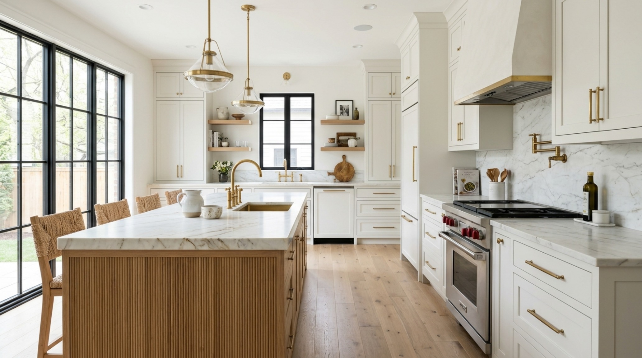 Modern kitchen design showcasing White Dove cabinetry and a fluted white oak island with 36-inch walkway clearances and honed stone countertops. Modern kitchen design showcasing White Dove cabinetry and a fluted white oak island with 36-inch walkway clearances and honed stone countertops.
