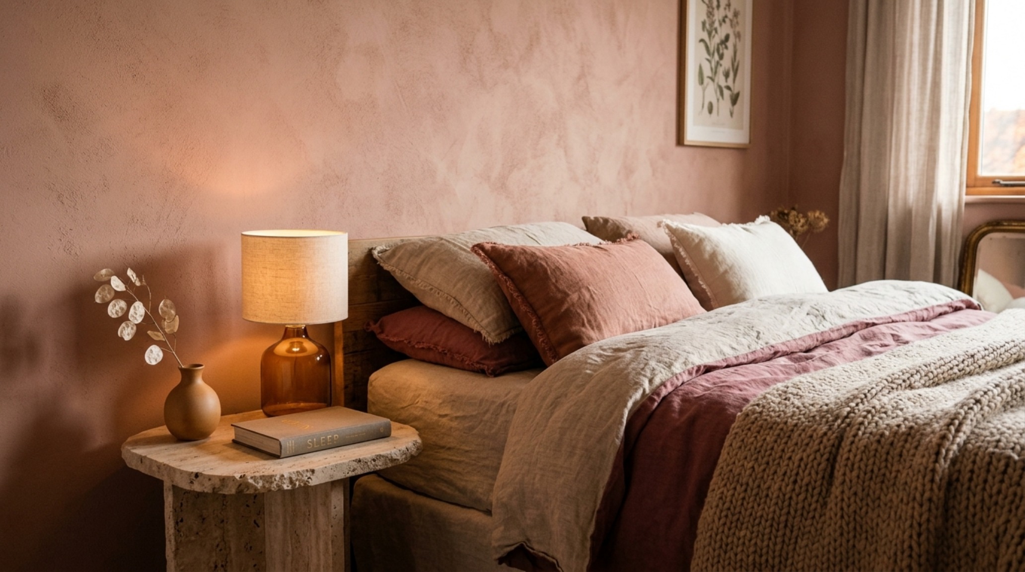 Detailed view of Farrow and Ball Setting Plaster walls in a bedroom, highlighting the soft earthy neutral interior design and tactile linen bedding. Detailed view of Farrow and Ball Setting Plaster walls in a bedroom, highlighting the soft earthy neutral interior design and tactile linen bedding.