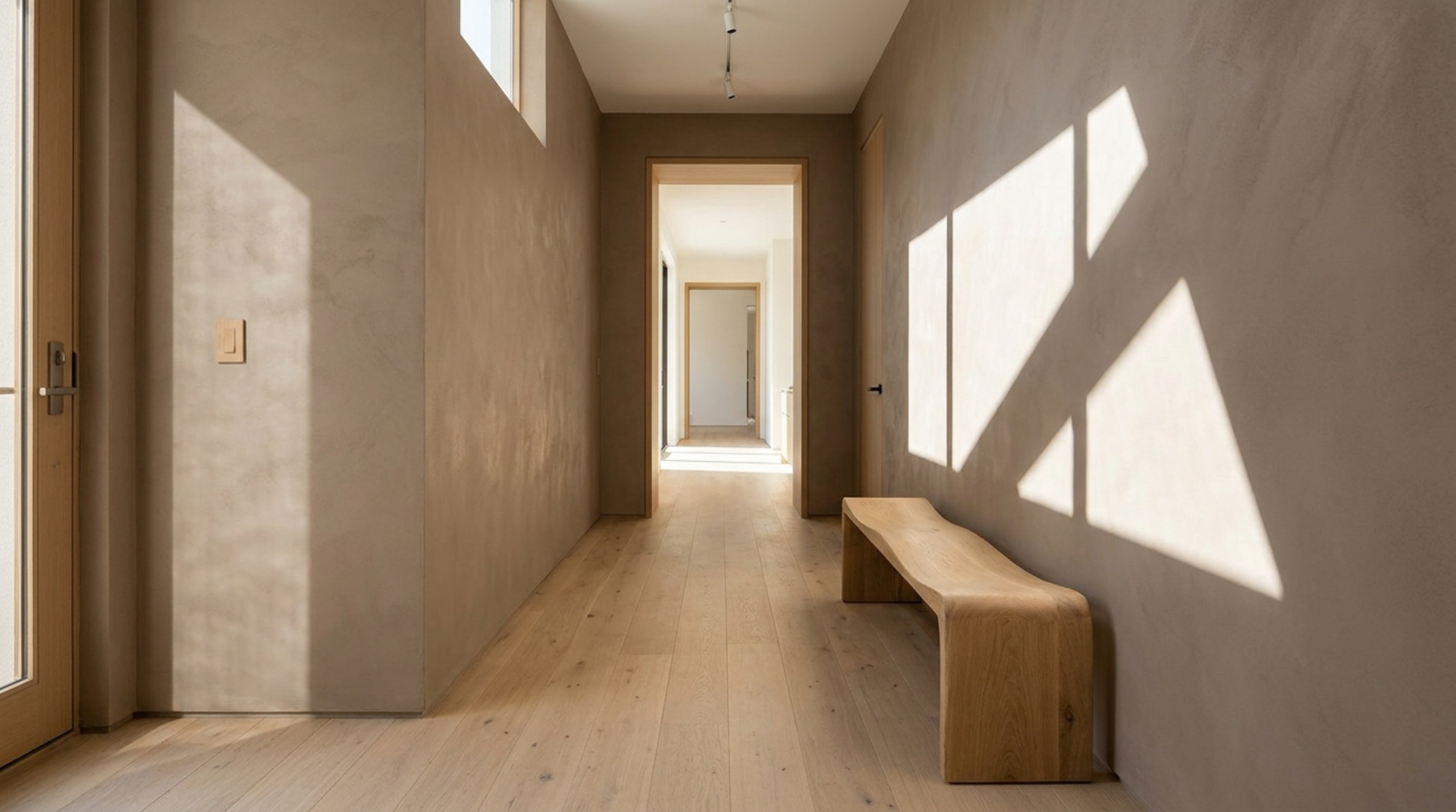 An entryway with Roman clay finished walls in a warm minimalist color palette, demonstrating professional spatial cadence and architectural sightlines. An entryway with Roman clay finished walls in a warm minimalist color palette, demonstrating professional spatial cadence and architectural sightlines.