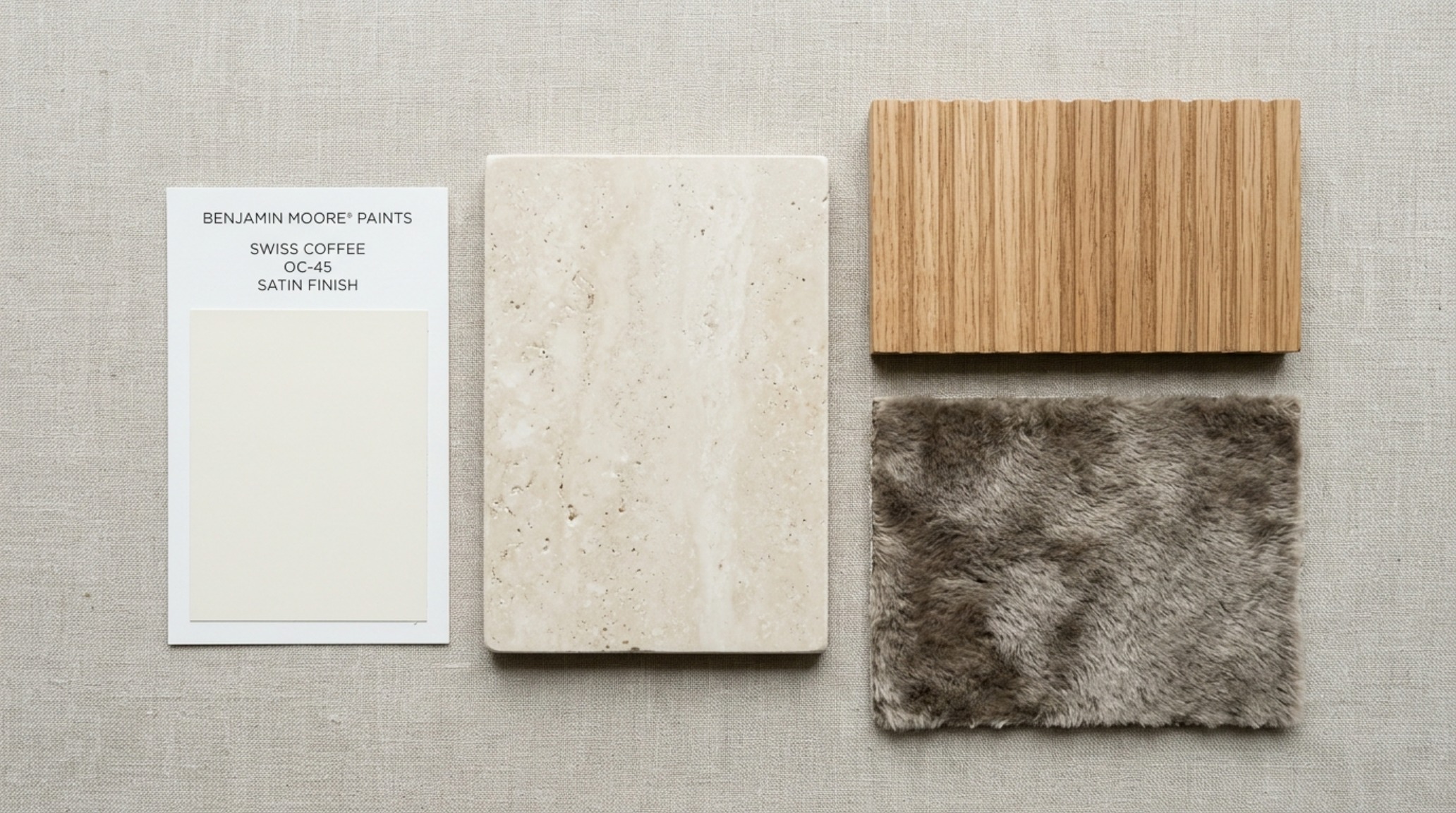 A material mood board featuring Benjamin Moore Swiss Coffee swatches, honed travertine, and fluted oak for an organic modern aesthetic. A material mood board featuring Benjamin Moore Swiss Coffee swatches, honed travertine, and fluted oak for an organic modern aesthetic.