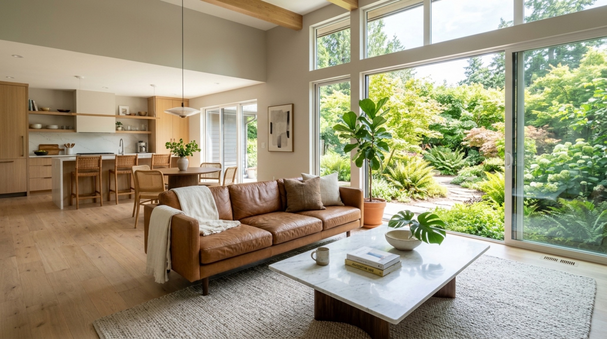 Spacious open floor plan living area featuring earthy greige paint colors and wide 36-inch circulation paths for optimal flow and quiet luxury. Spacious open floor plan living area featuring earthy greige paint colors and wide 36-inch circulation paths for optimal flow and quiet luxury.