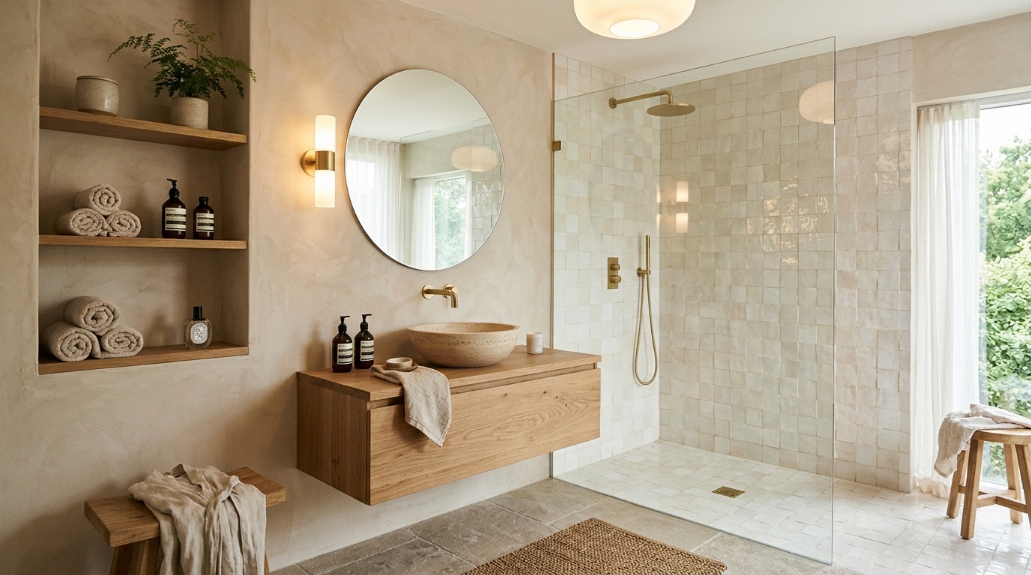 Quiet luxury bathroom design with Zellige tiles in oatmeal tones and a custom vanity made from reclaimed wood and honed marble. Quiet luxury bathroom design with Zellige tiles in oatmeal tones and a custom vanity made from reclaimed wood and honed marble.