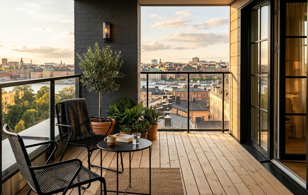 A high-end Scandinavian small apartment balcony featuring light oak flooring, black slim-profile chairs, and a sunset view of the city.