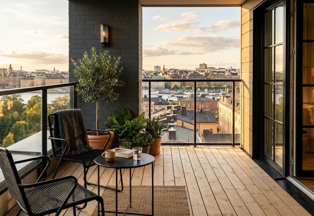 A high-end Scandinavian small apartment balcony featuring light oak flooring, black slim-profile chairs, and a sunset view of the city.
