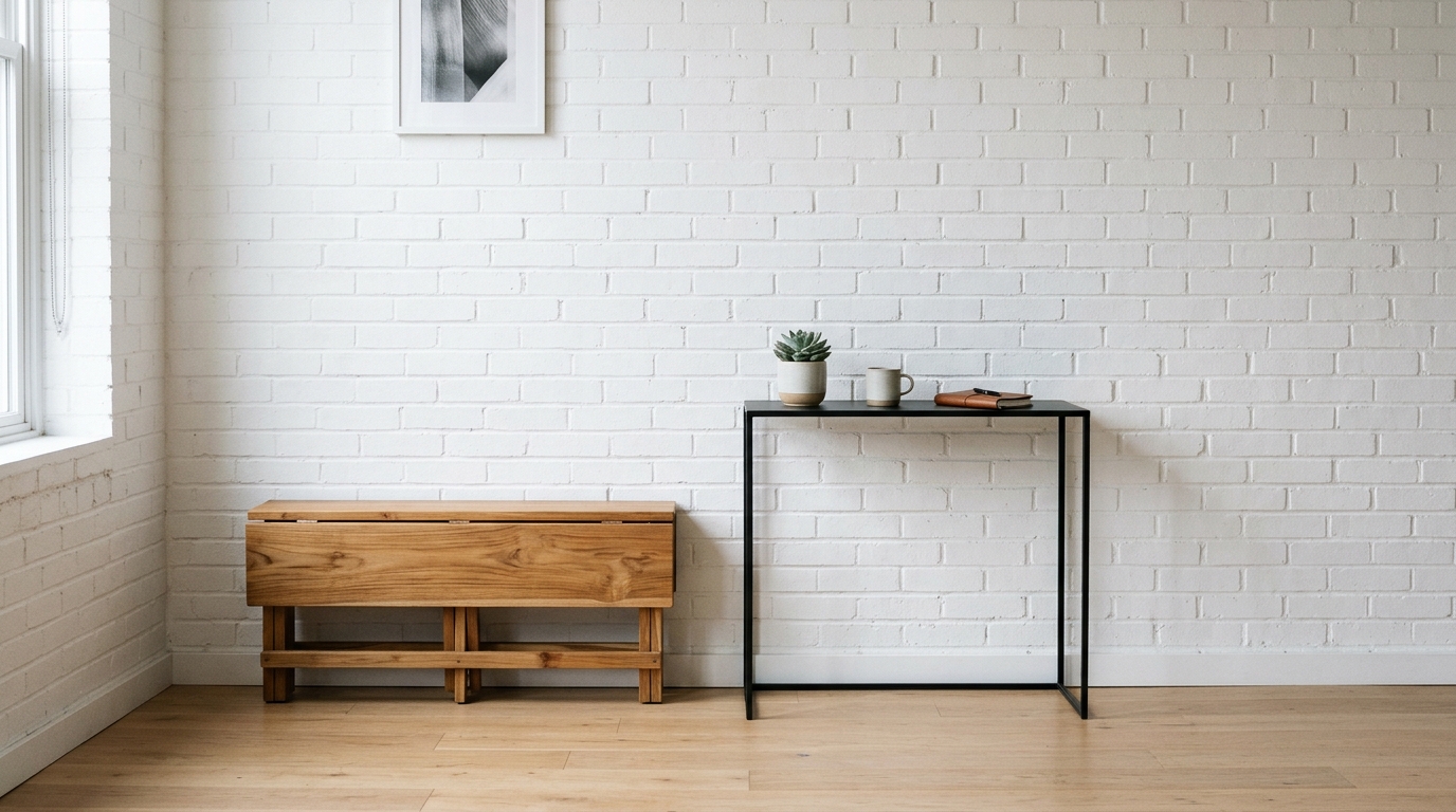 Small balcony seating ideas featuring a space-saving foldable teak bench and a slim metal side table.