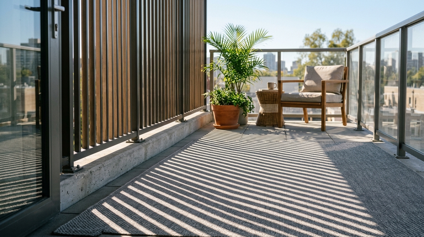 Daylight filtering through a slatted balcony screen creating rhythmic shadow patterns on a neutral outdoor rug.