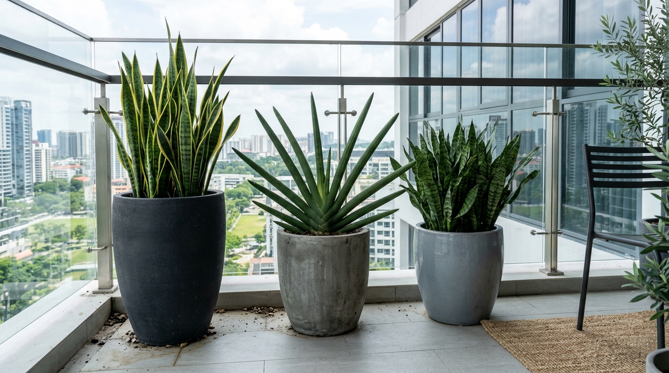 Curated cluster of three architectural planters in varying heights featuring Snake plants and trailing ivy.