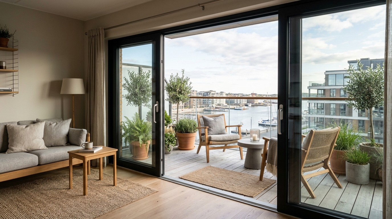 View of a small Scandinavian balcony from the interior living room showing the seamless flow between indoor and outdoor flooring.