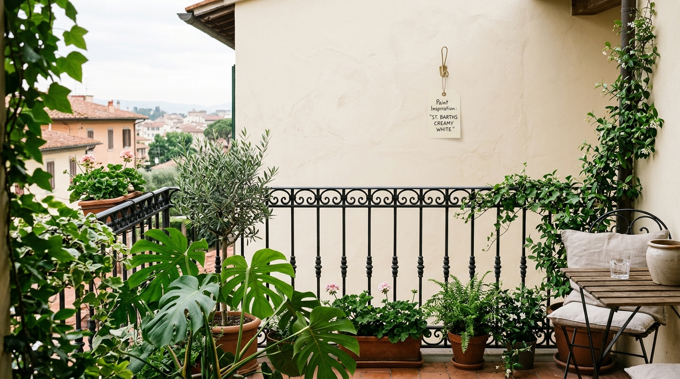 Muted color palette for a balcony featuring Benjamin Moore Swiss Coffee walls and dark charcoal metal accents.