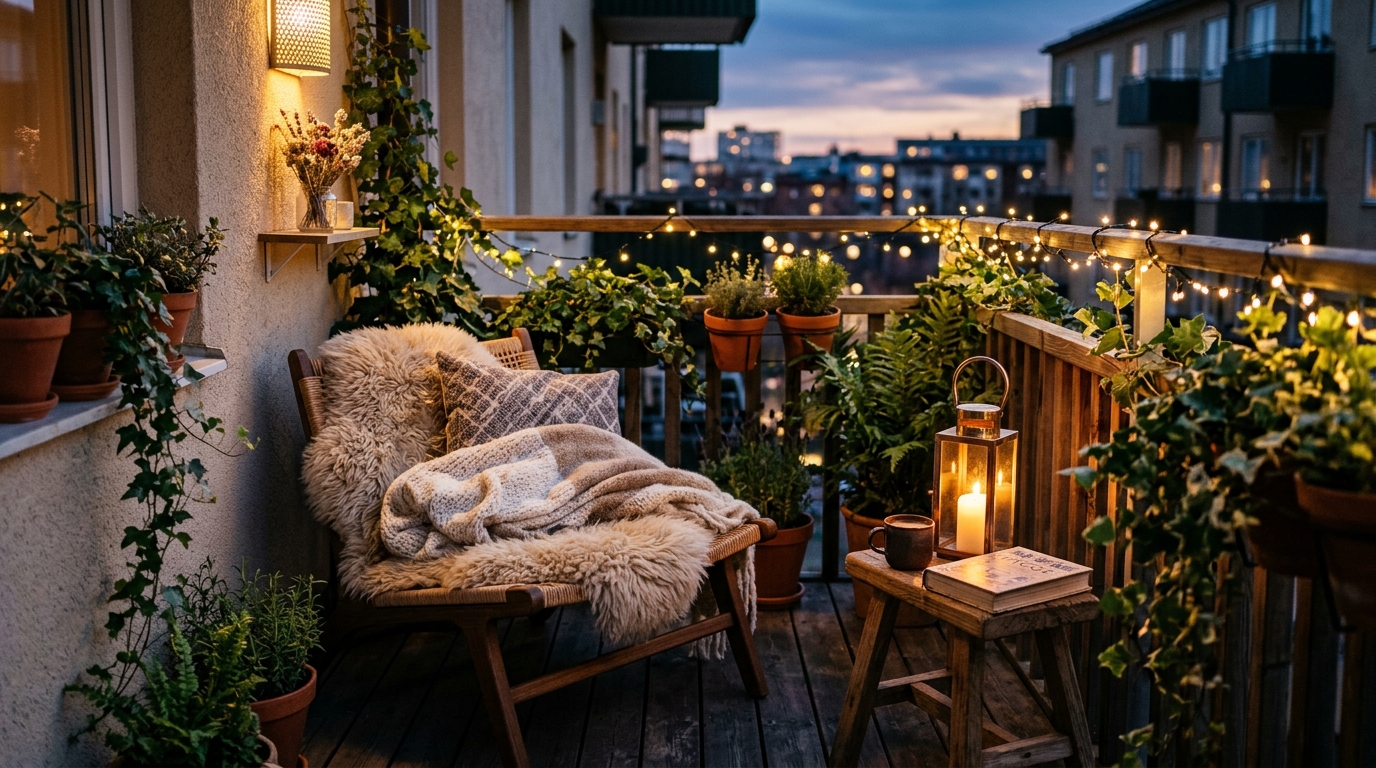 Modern Nordic balcony with a low-profile lounge chair and a soft wool throw blanket for a 'hygge' atmosphere.