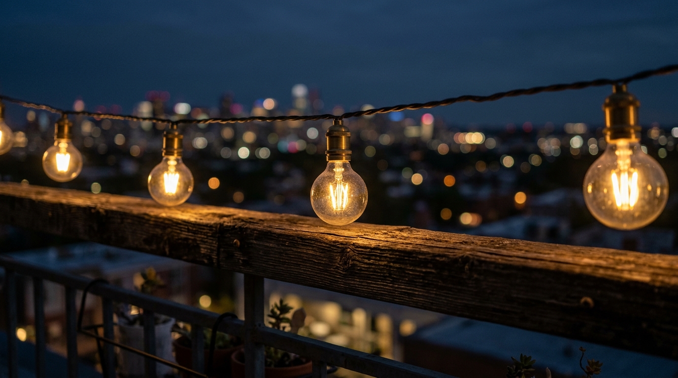 Detail of an Edison-style string light globe with a high CRI rating illuminating a balcony at twilight.