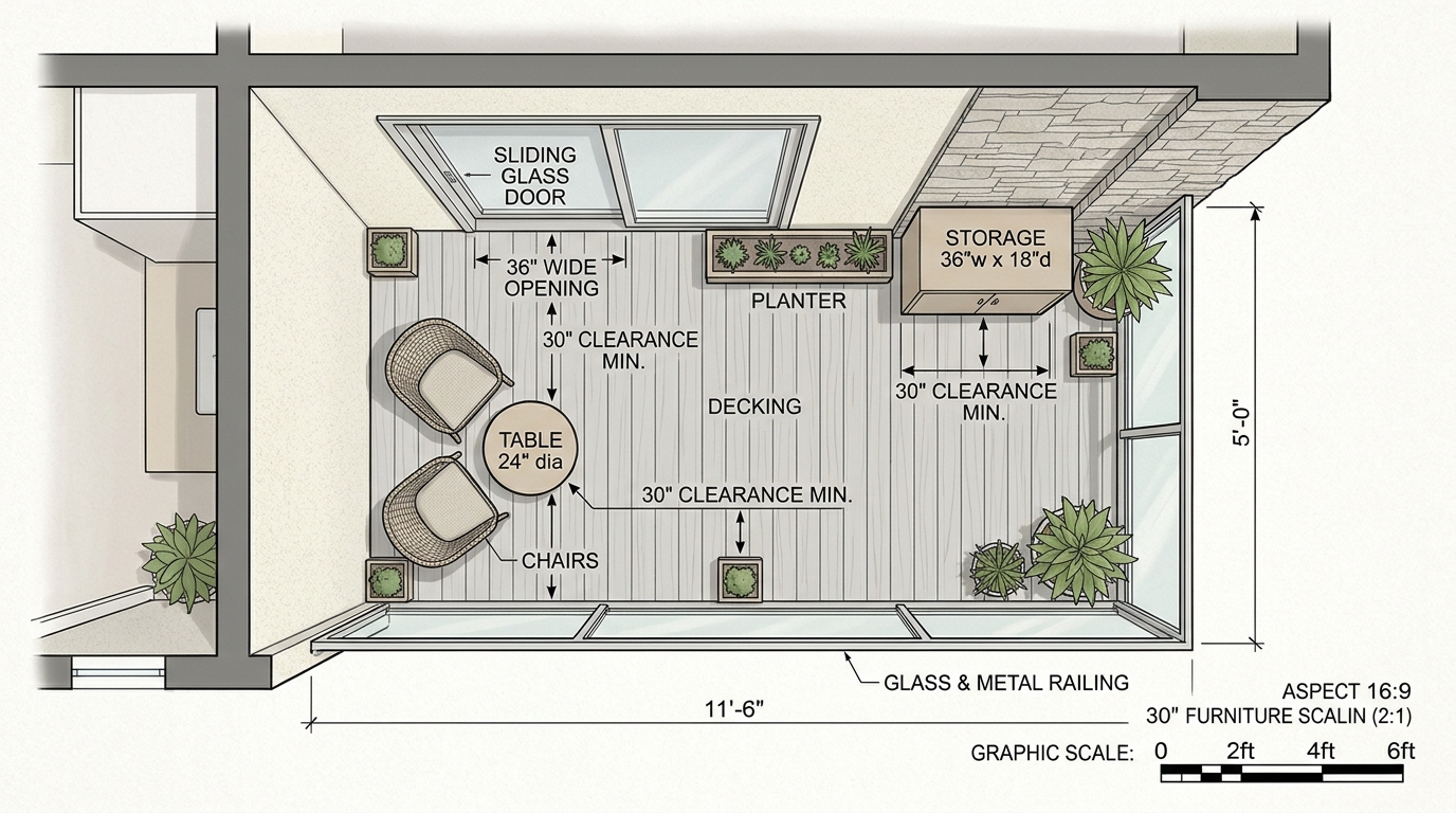 Architectural top-down view of a small balcony layout illustrating the 2:1 scaling rule and clear 30-inch walkway clearances.