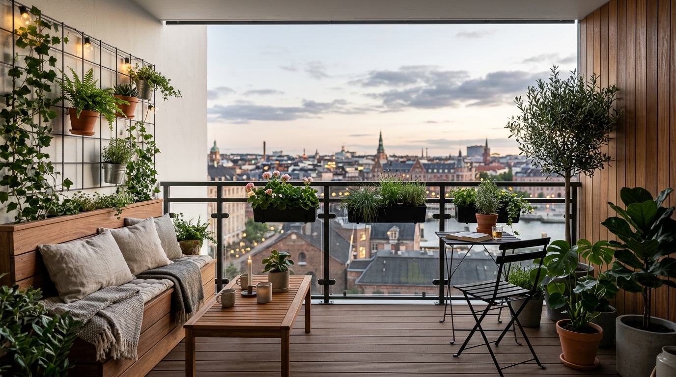 Final architectural perspective of a fully transformed small apartment balcony showing a balance of negative space and functional design.
