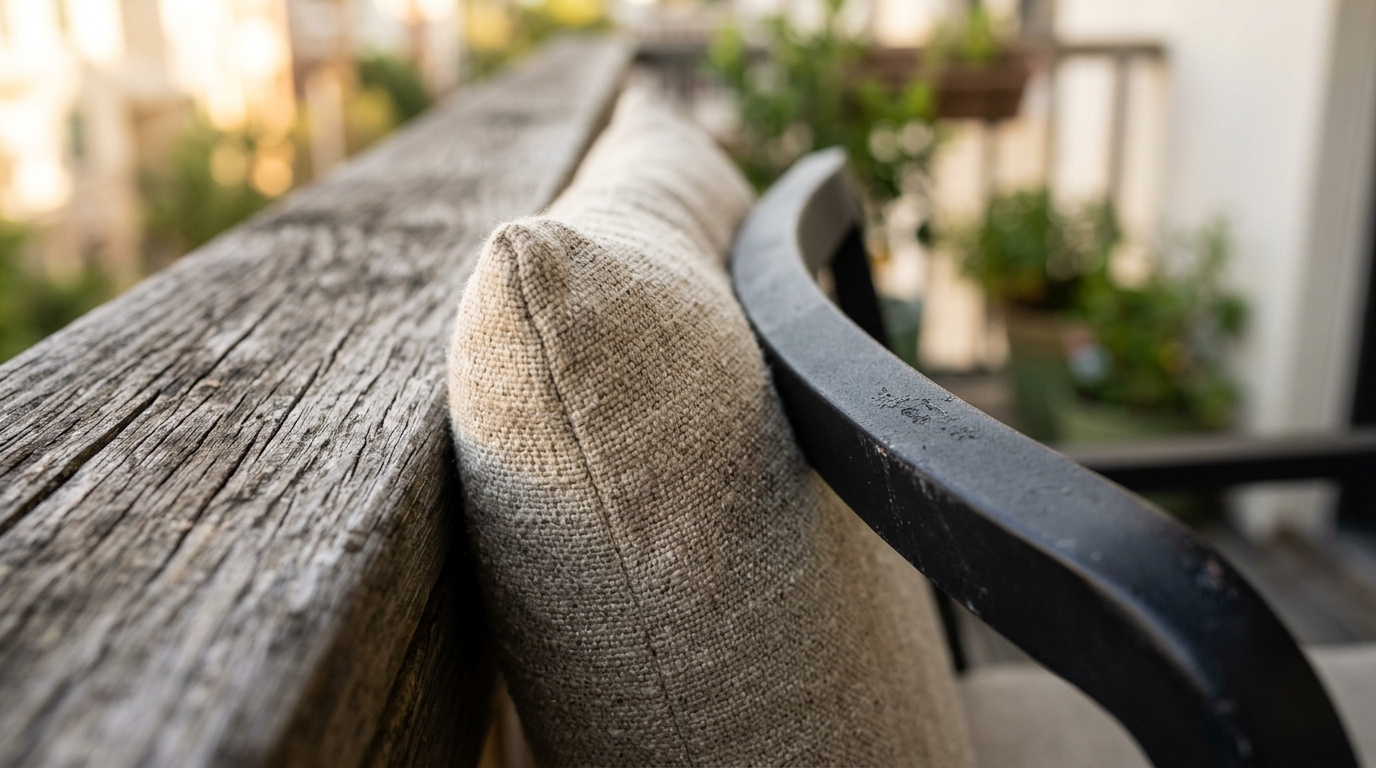 Macro detail of tactile materials: weathered teak wood grain next to a heavy-knit linen throw and matte black metal hardware.