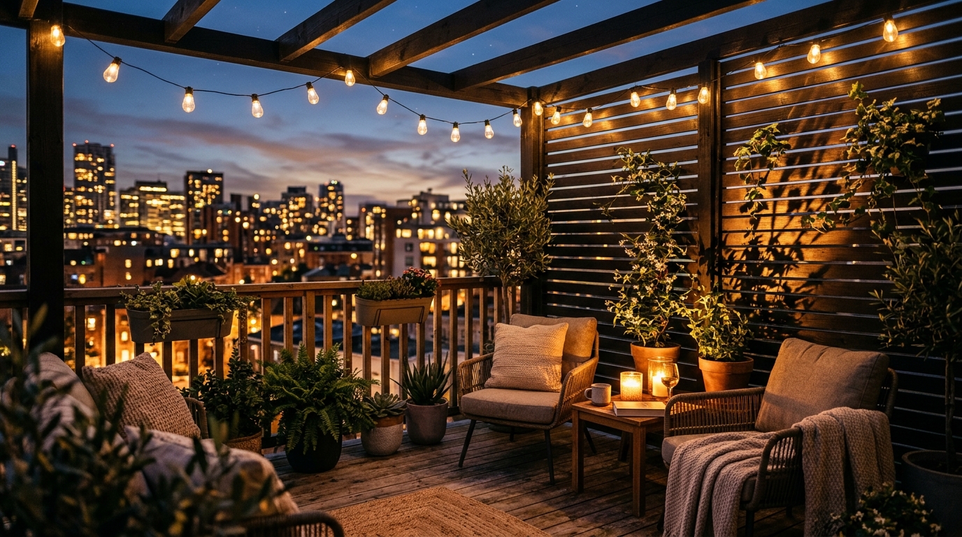 Atmospheric night shot of a Nordic balcony illuminated by 2700K warm string lights and hidden accent lighting for a cozy mood.