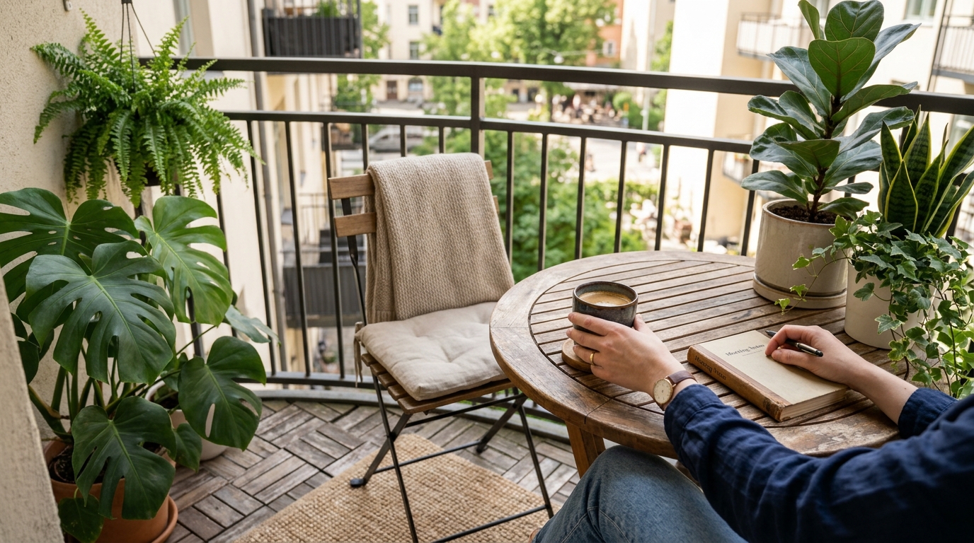 Ergonomic seating area on a small balcony with a functional 18-inch high coffee table and architectural potted plants framing the view.