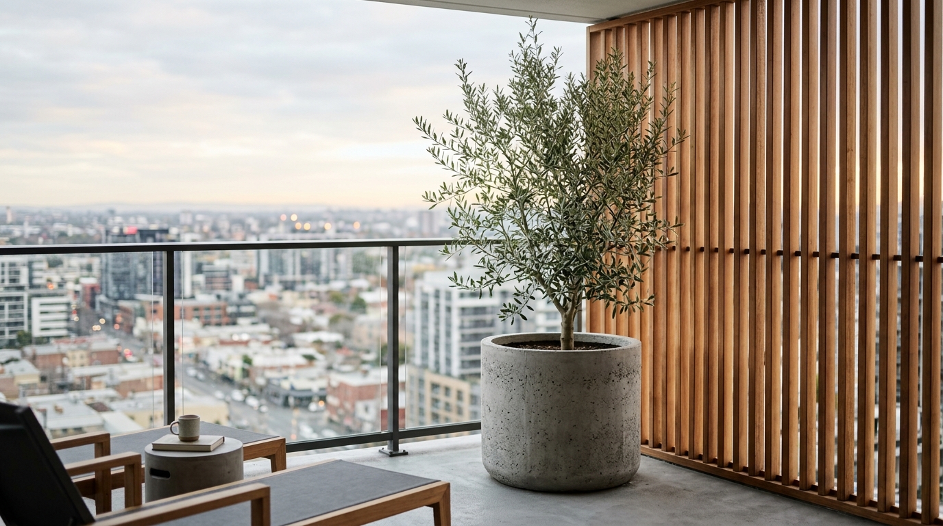 Minimalist Scandinavian balcony with vertical cedar slat privacy screen and a single sculptural olive tree in a concrete pot.