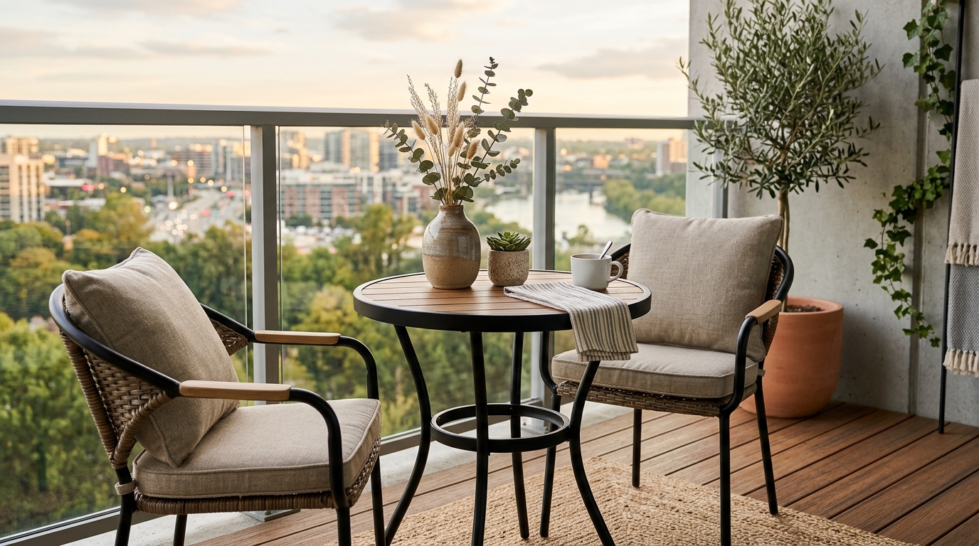 Modern bistro set from Walmart's Better Homes & Gardens line styled with neutral-toned cushions and a stoneware mug.