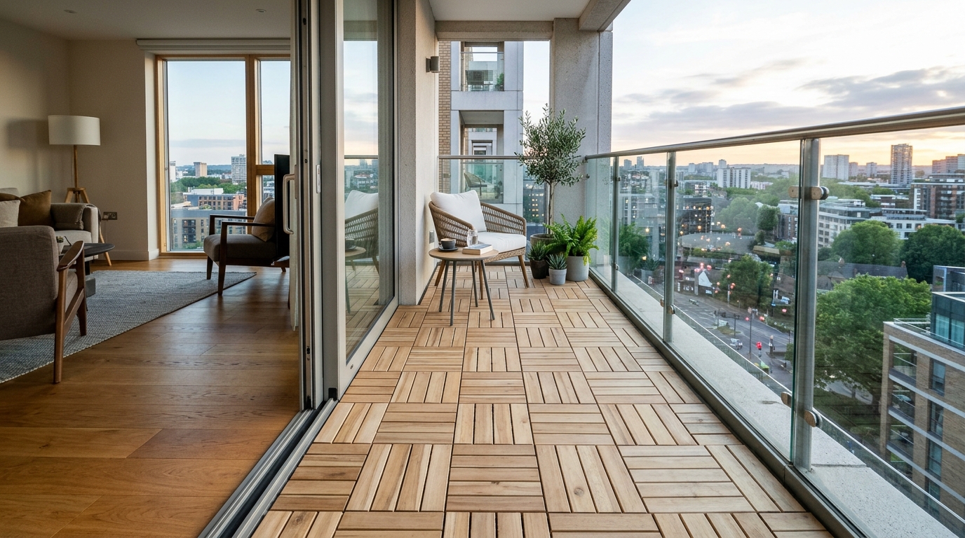 Renter-friendly floating floor tiles in a light wood finish covering a standard concrete apartment balcony floor.