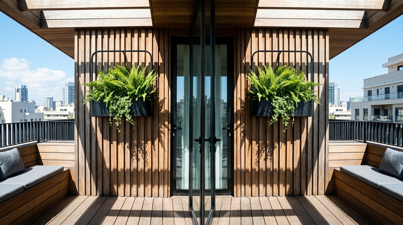 Tension-rod privacy screen on an urban balcony decorated with minimalist hanging geometric planters and solar lanterns.