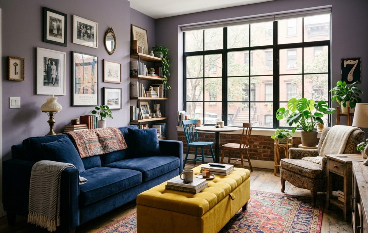 Professional architectural photography of a sun-drenched living room with muted grape walls, mismatched vintage furniture, and 36-inch clear walkways for optimal spatial flow.