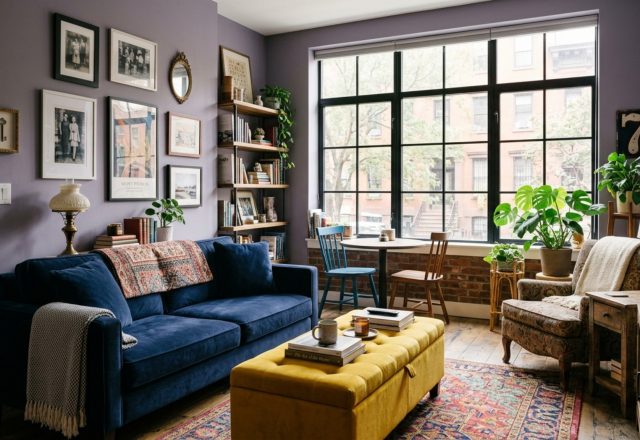 Professional architectural photography of a sun-drenched living room with muted grape walls, mismatched vintage furniture, and 36-inch clear walkways for optimal spatial flow.
