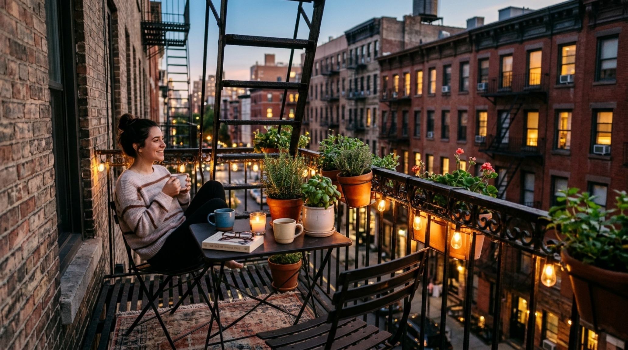 A cozy apartment balcony corner with terracotta pots, string lighting, and a small bistro set, reflecting the 'Friends' New York lifestyle.