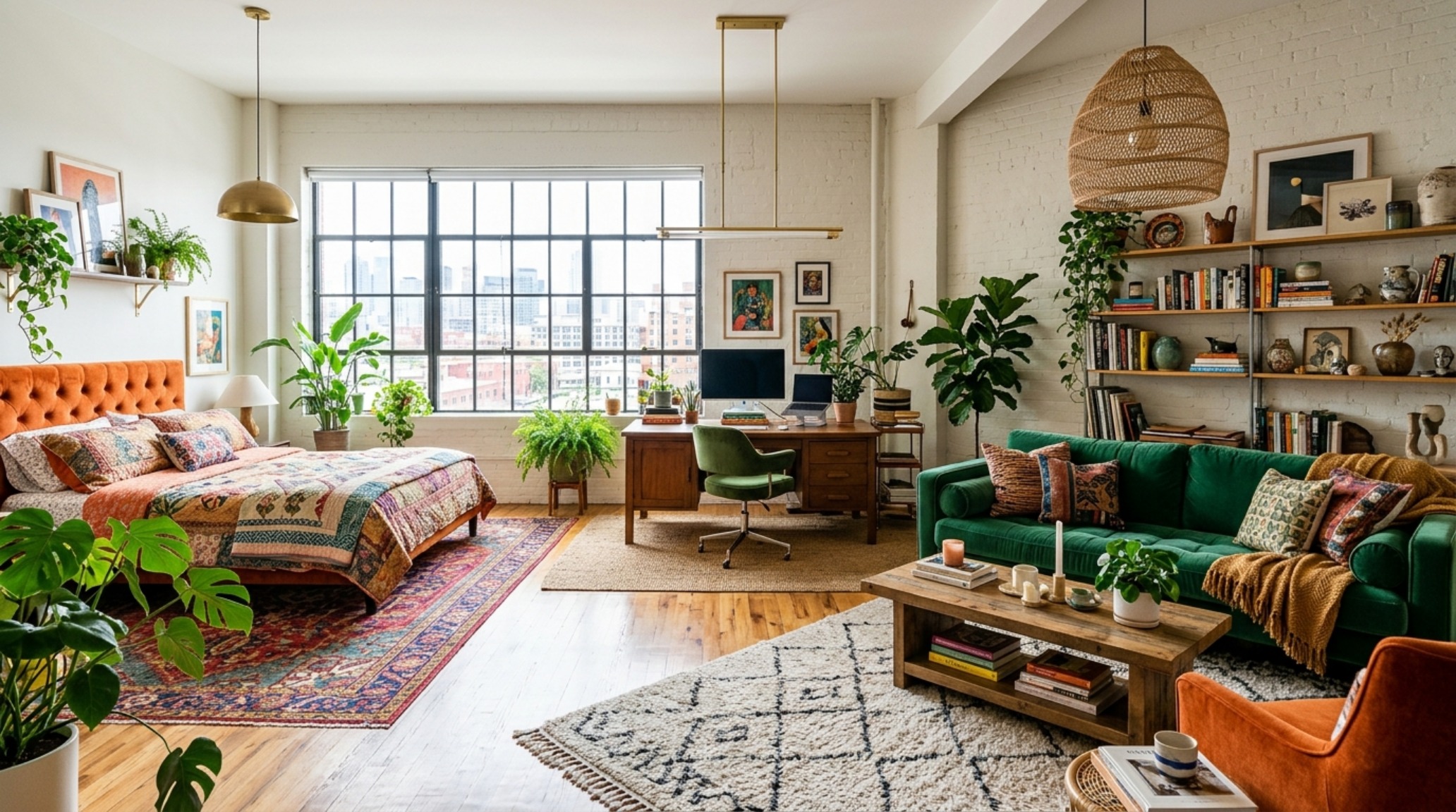 Wide-angle shot of a studio apartment using eclectic maximalist principles to separate living, working, and dining zones without physical walls.