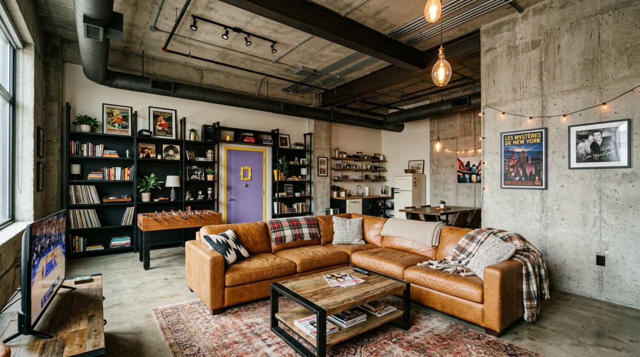 Industrial-inspired bachelor pad living area with matte black shelving units, a large leather sofa, and modern tech integration for a sleek look.