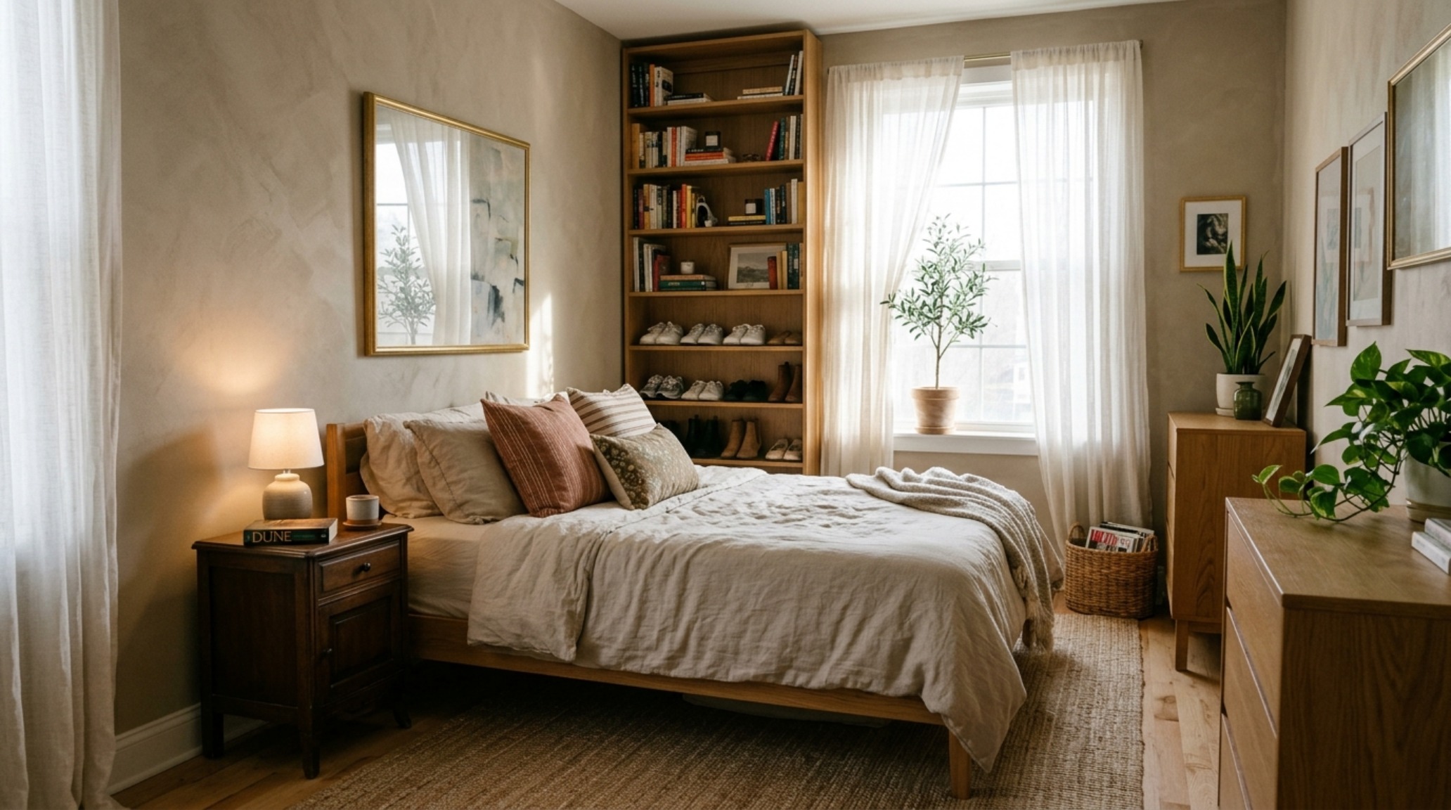 Modernized Monica Geller bedroom featuring Organic Modern elements, lime wash walls, and integrated vertical storage solutions for compact living.