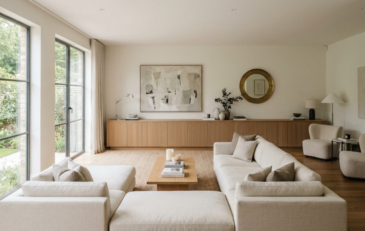 Zoning long living rooms with a custom fluted white oak media console and low-slung horizontal furniture to create visual width.