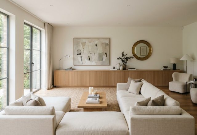 Zoning long living rooms with a custom fluted white oak media console and low-slung horizontal furniture to create visual width.