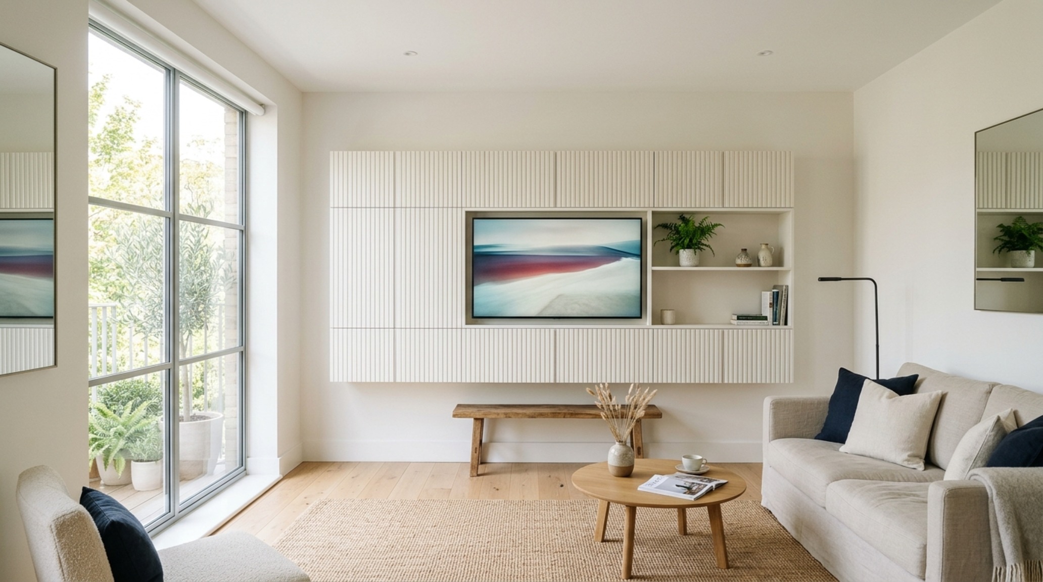 Space-saving living room tips for vertical integration using floor-to-ceiling cabinetry with handle-less push-to-open fluted doors.